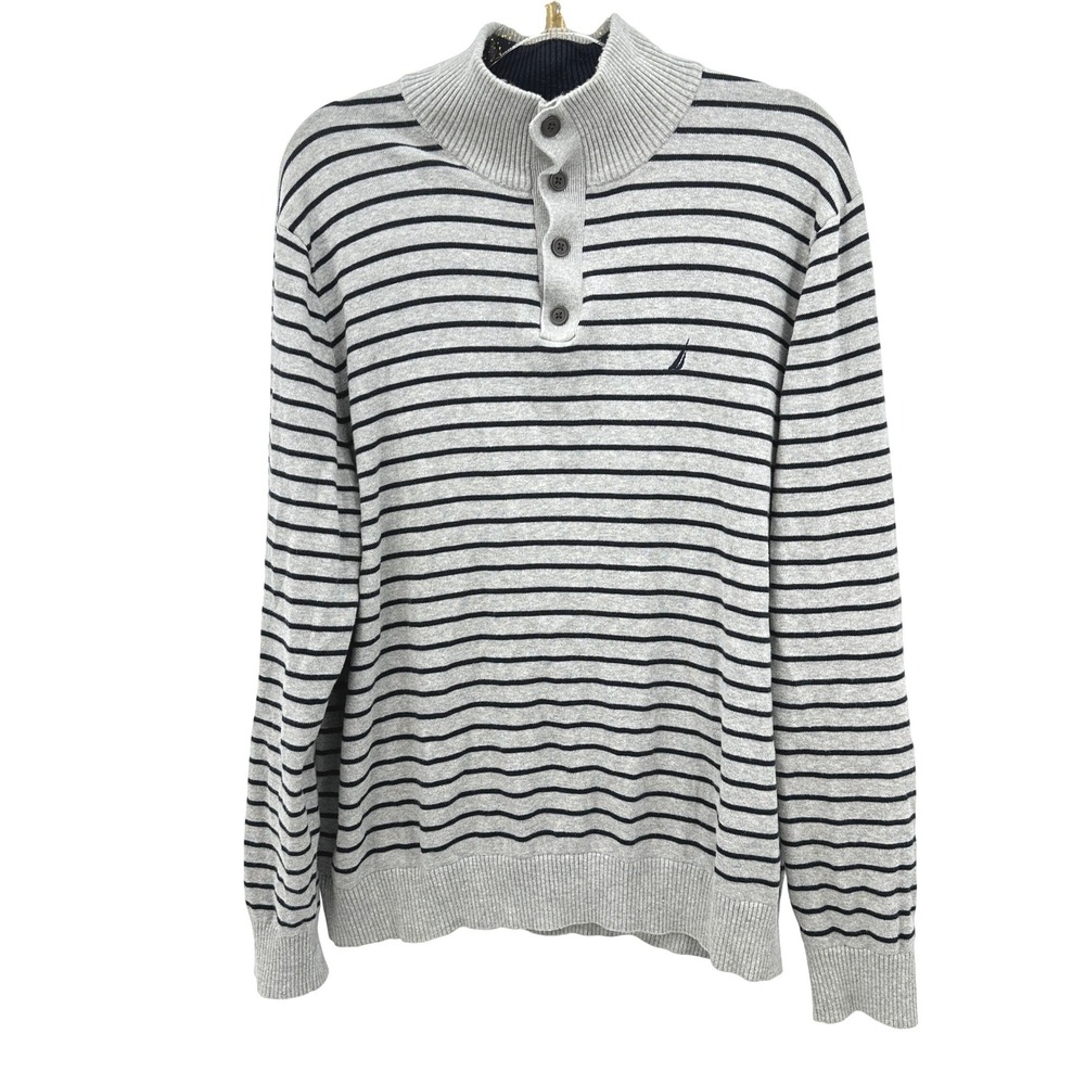 Nautica Men Striped Button Neck Sweater L Gray Black Long Sleeve Nautical preppy